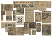 Approximately 2 Dozen Newspaper Clippings From Moe Howards Scrapbook -- Most From the 1930s With Howard, Fine & Howard and Three Stooges Content -- Very Good